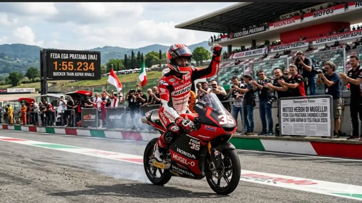 Feda Ega Pratama bikin Moto3 Italia 2026 heboh usai tes motor baru Honda di Mugello disebut lebih cepat dari rival Aspar.(gemini ai)
