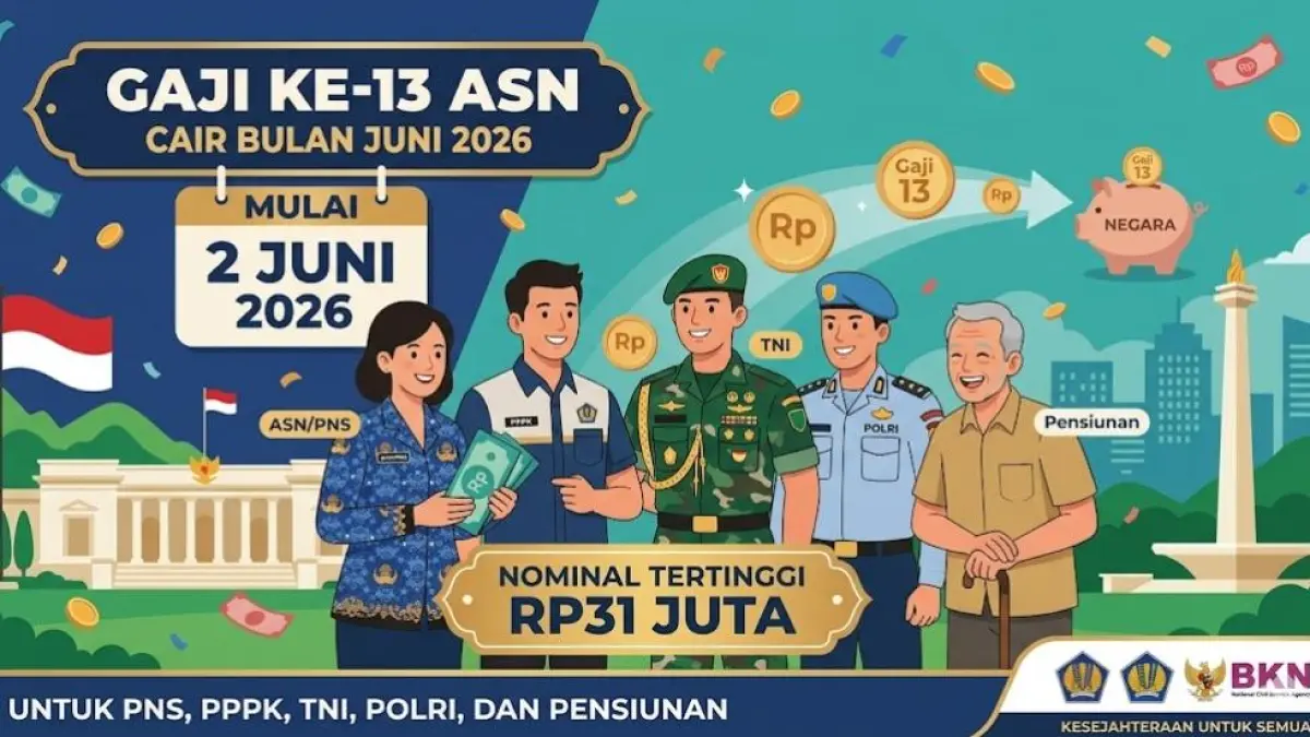 Gaji ke-13 ASN cair mulai 2 Juni 2026 untuk PNS, PPPK, TNI, Polri dan pensiunan. Nominal tertinggi capai Rp31 juta.(gemini AI)