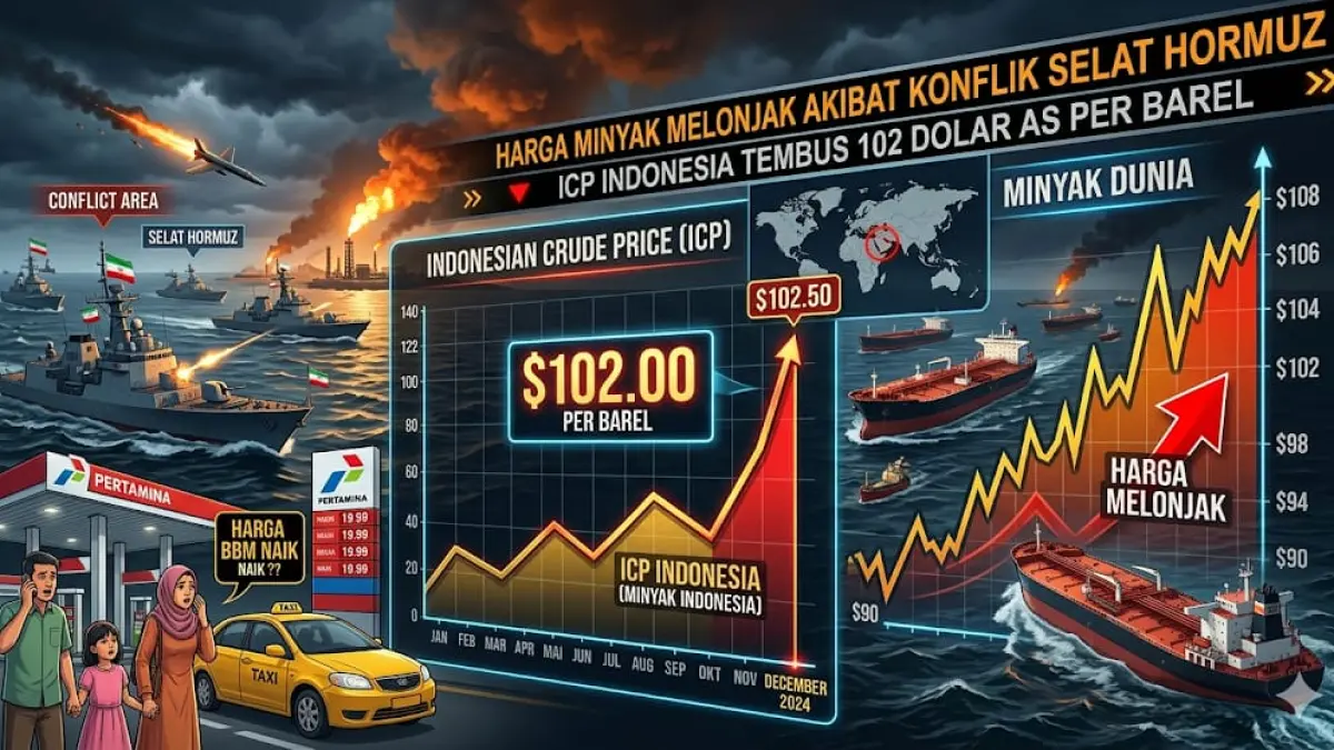 Harga minyak dunia melonjak akibat konflik Selat Hormus, ICP Indonesia tembus 102 dolar AS per barel.(GEMINI AI)