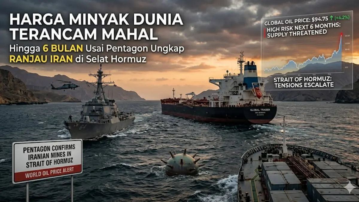 Harga minyak dunia terancam mahal hingga 6 bulan usai Pentagon ungkap ranjau Iran di Selat Hormus.(GEMINI AI)