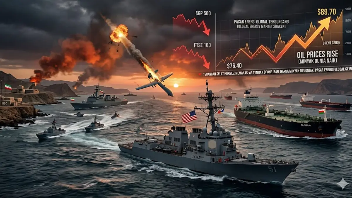 Selat Hormus memanas usai AS tembak drone Iran, harga minyak dunia naik dan pasar energi global terguncang.(GEMINI AI)