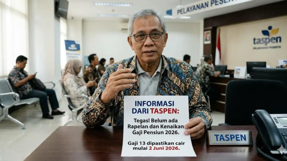 Taspen tegaskan belum ada rapelan dan kenaikan gaji pensiun 2026. Gaji 13 dipastikan cair mulai 2 Juni 2026.(gemini ai)