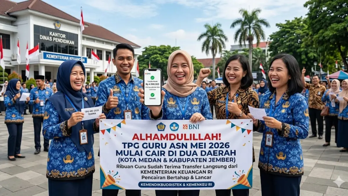 TPG Guru ASN Mei 2026 mulai cair di dua daerah. Ribuan guru sudah terima transfer langsung dari Kementerian Keuangan.(GEMINI AI)