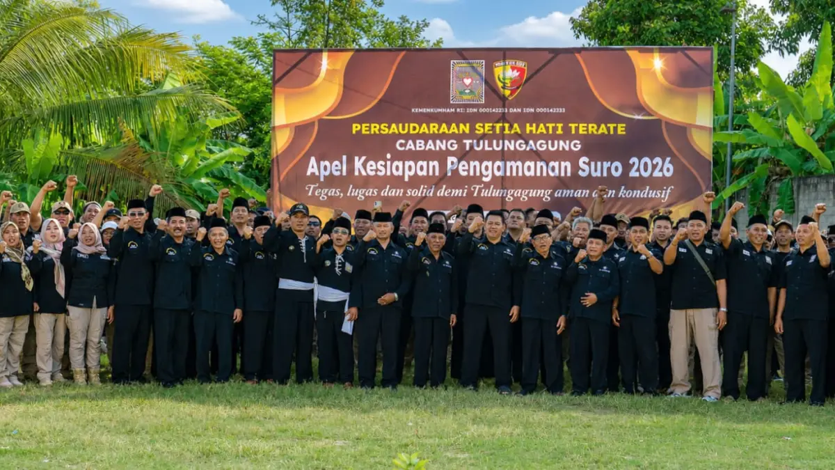 Foto bersama apel PAMTER PSHT Tulungagung.(POTONERIN/RADAR TULUNGAGUNG)