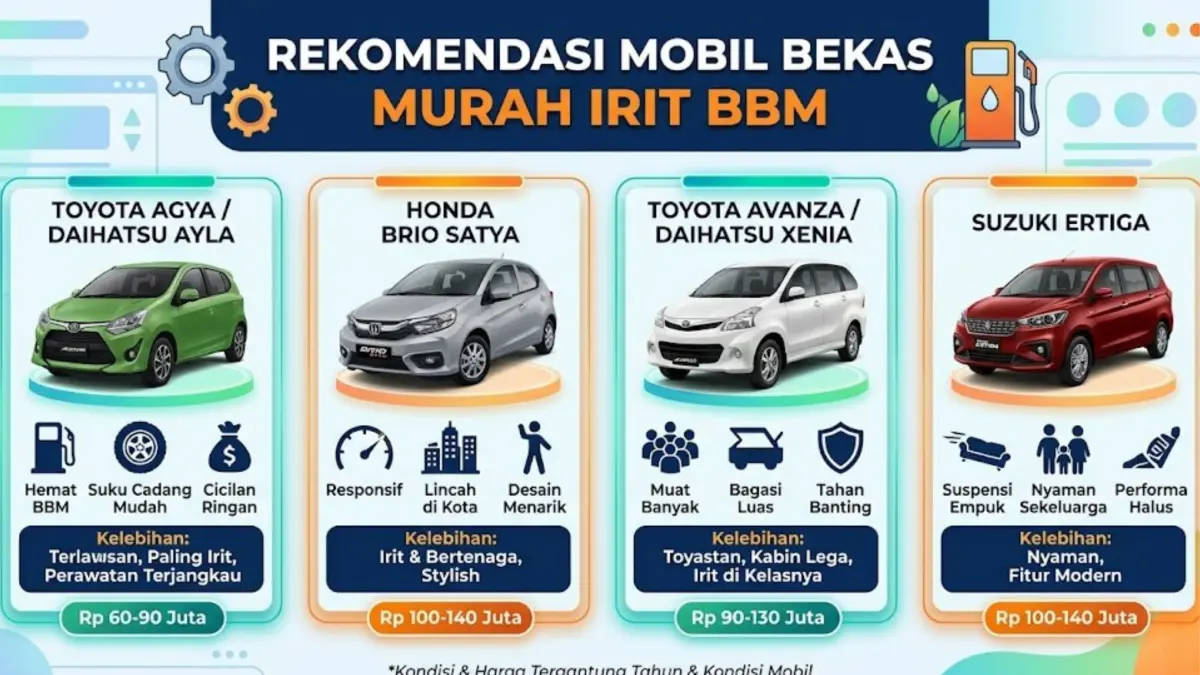 Rekomendasi mobil bekas murah irit BBM 2026 cocok untuk keluarga yang ingin kendaraan hemat dan terjangkau. (GEMINI AI)