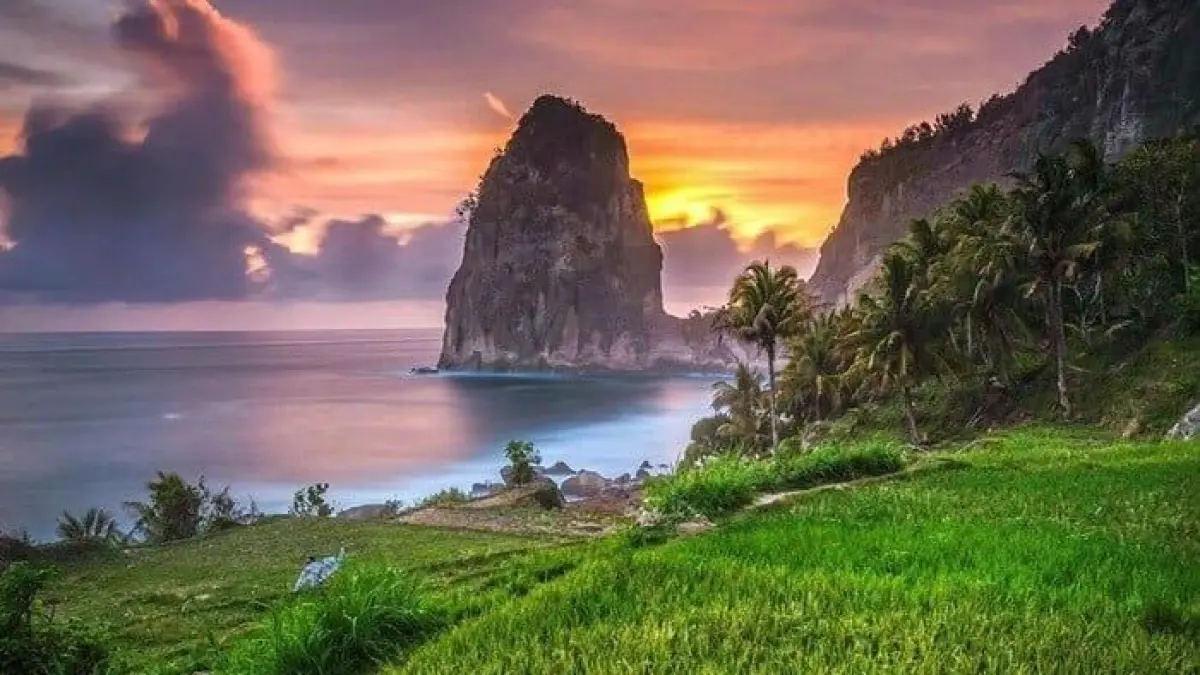 Pantai Pangasan Pacitan menawarkan pemandangan sawah di tepi laut dengan latar Gunung Lanang dan panorama alam yang memukau (Pinterest).