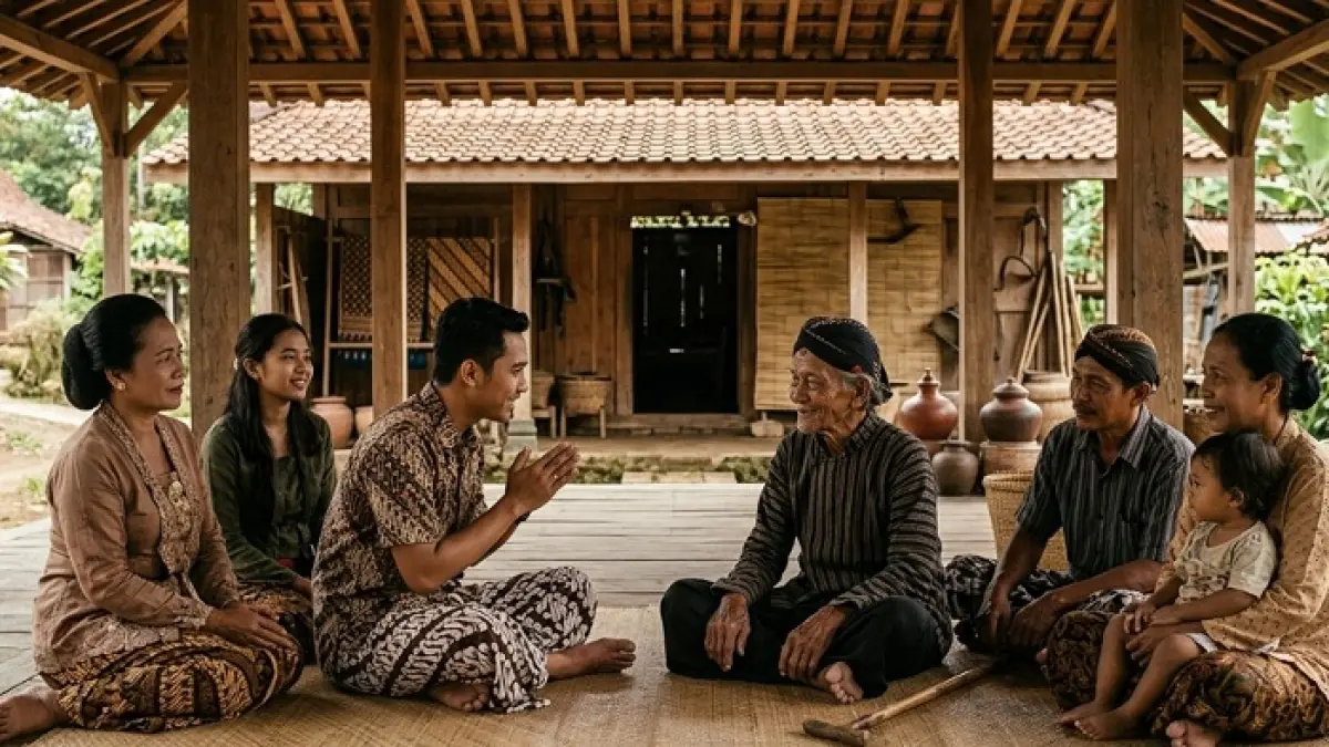 Unggah-ungguh basa Jawa kembali dipelajari generasi muda. Kenali ngoko, krama madya, dan krama inggil. (Ilustrasi Gemini AI)