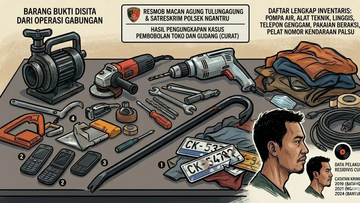 Barang bukti pelaku pencurian dengan pemberatan (curat) yang beraksi lintas wilayah Jawa Timur dan Jawa Tengah.(ILUSTRASI AI)