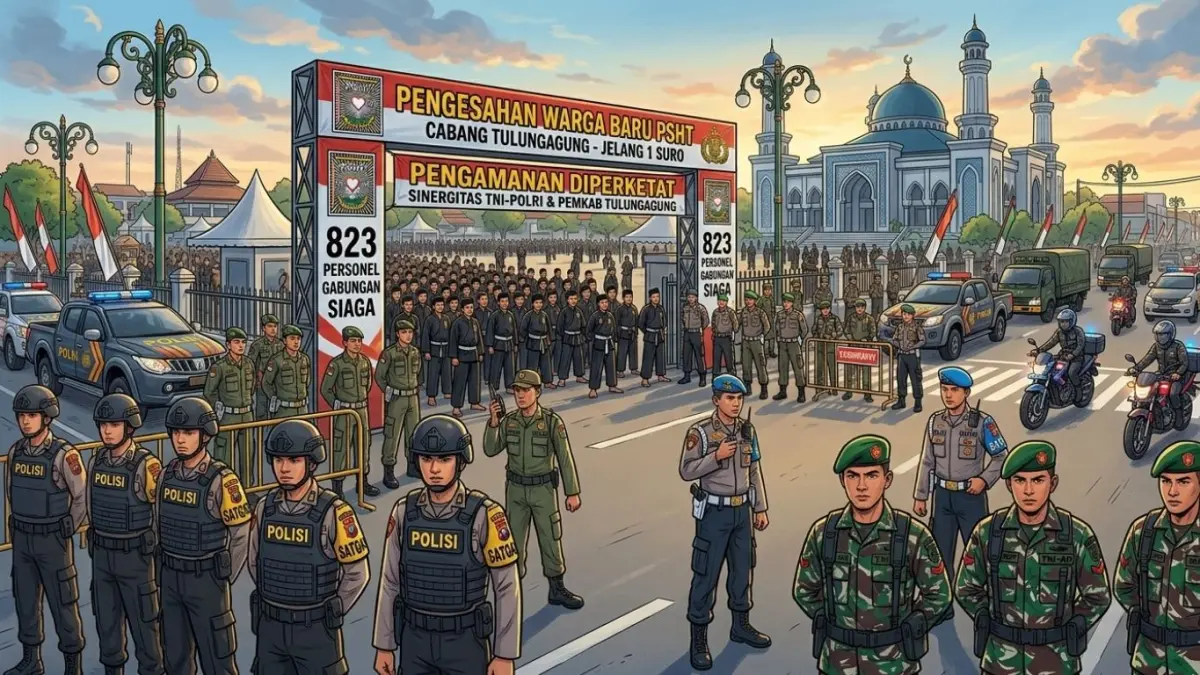 Polres Tulungagung mengerahkan 823 personel gabungan yang terdiri atas unsur kepolisian, TNI, pemerintah daerah, instansi terkait, serta pengamanan internal perguruan silat dalam rangkaian kegiatan pengesahan warga baru PSHT.(ILUSTRASI AI)