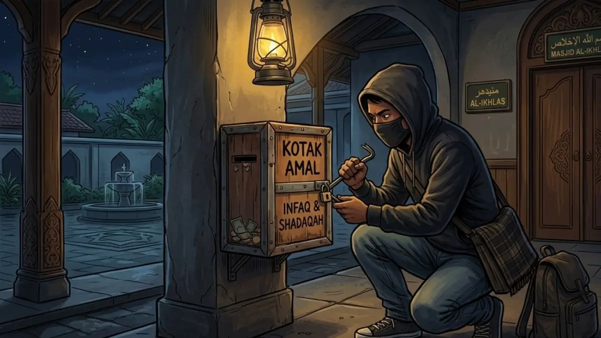 Seorang pria asal Kecamatan Rejotangan, Tulungagung, diamankan setelah diduga menjadi pelaku pembobolan kotak amal masjid di Desa Joho, Kalidawir.(ILUSTRASI AI)
