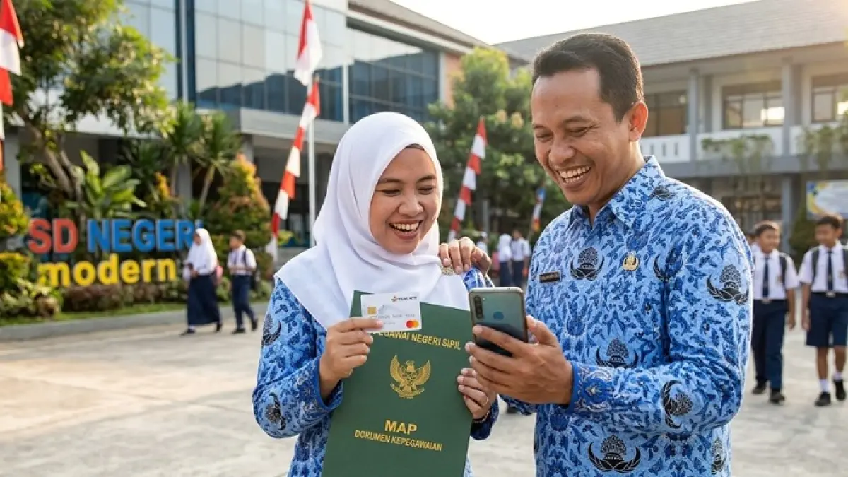 Tiga tunjangan guru cair Juni 2026, mulai TPG THR 100 persen hingga gaji ke-13. Cek status pencairannya sekarang. (Ilustrasi Gemini AI)