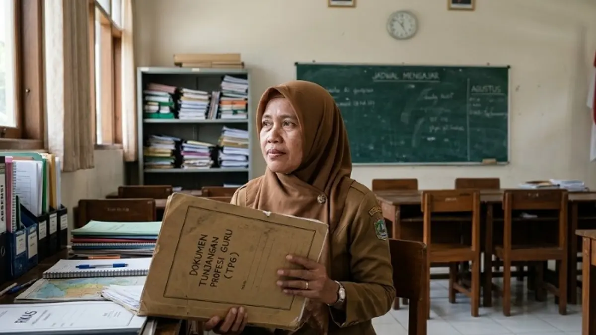 TPG 100 persen kembali disorot DPR RI. Dana tunjangan profesi guru disebut sering tertahan di daerah. (Ilustrasi Gemini AI)