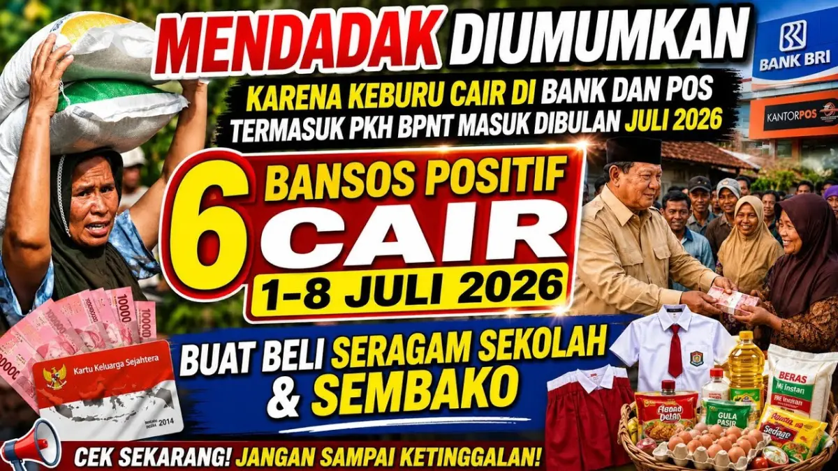 6 bansos cair Juli 2026 mulai disalurkan. Simak daftar PKH, BPNT, BLT Dana Desa, PIP, KIS PBI JKN, dan beras 10 kg. (Youtube. com)
