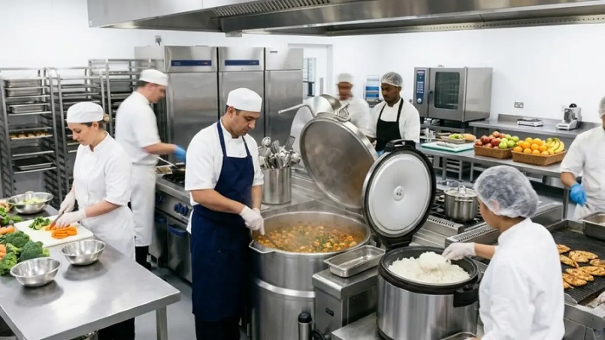 Dapur SPPG Program Makan Bergizi Gratis memiliki SOP ketat mulai bahan baku hingga distribusi demi menjaga keamanan pangan. (Ilustrasi Gemini AI)