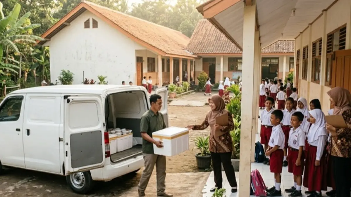 Intip proses Makan Bergizi Gratis di Depok, mulai dari dapur higienis, pengemasan hingga distribusi lebih dari 3.000 porsi ke sekolah. (Ilustrasi Gemini AI)