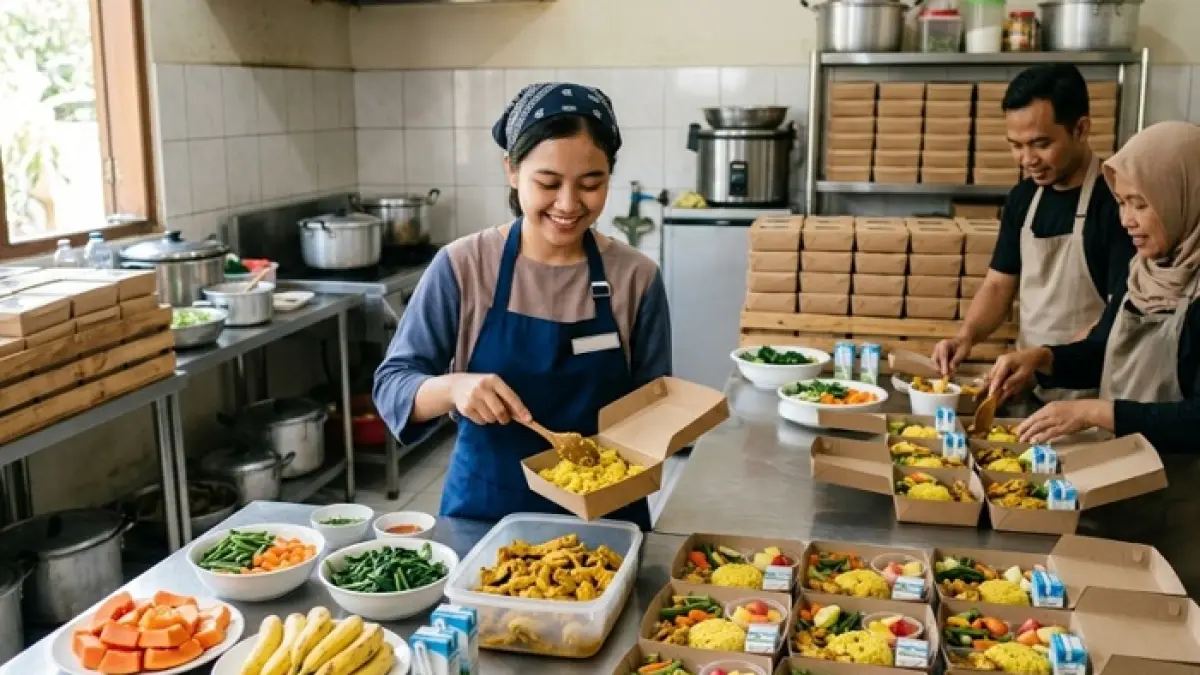 Program Makan Bergizi Gratis membuka peluang besar bagi UMKM kuliner. Simak syarat menjadi mitra hingga solusi pendanaannya. (Ilustrasi Gemini AI)