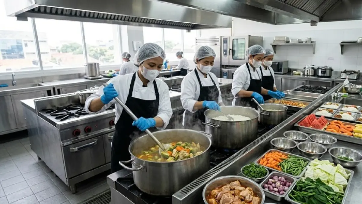Proses Makan Bergizi Gratis di SPPG Cinere Depok menerapkan SOP ketat, bahan segar, dan menu favorit siswa setiap hari. (Ilustrasi Gemini AI)