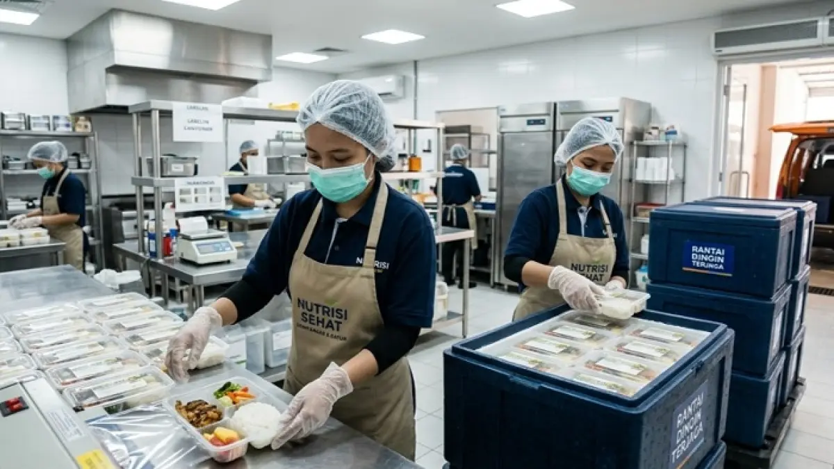 Standar Dapur SPPG Program Makan Bergizi Gratis diungkap lengkap, mulai proses higienitas, memasak hingga distribusi makanan. (Ilustrasi Gemini AI)