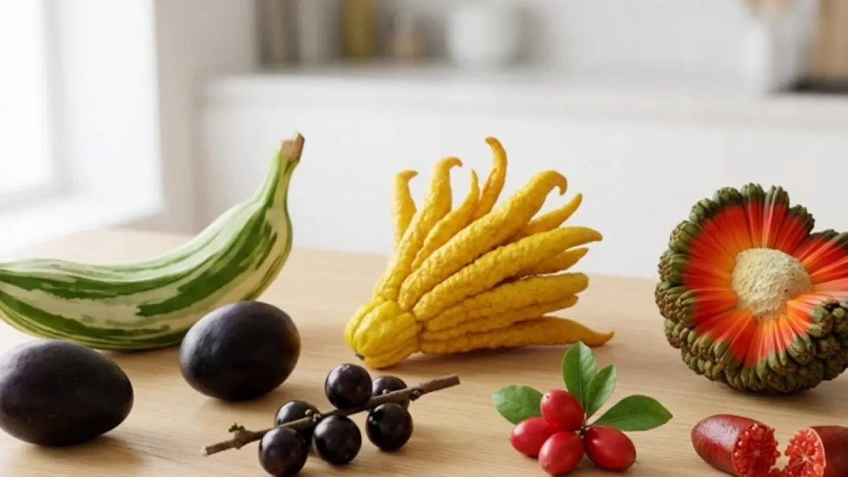 Buah paling langka di dunia memiliki bentuk unik dan kisah luar biasa, dari pisang variegata hingga mangga kasturi yang punah di alam. (Ilustrasi Gemini AI)