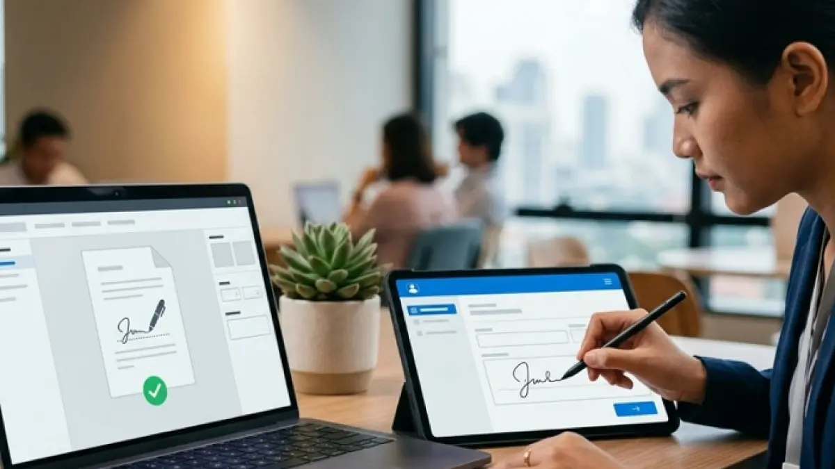 Cara mengajukan permohonan internal di E-Office lengkap mulai upload dokumen, persetujuan hingga tanda tangan digital. (Ilustrasi Gemini AI)