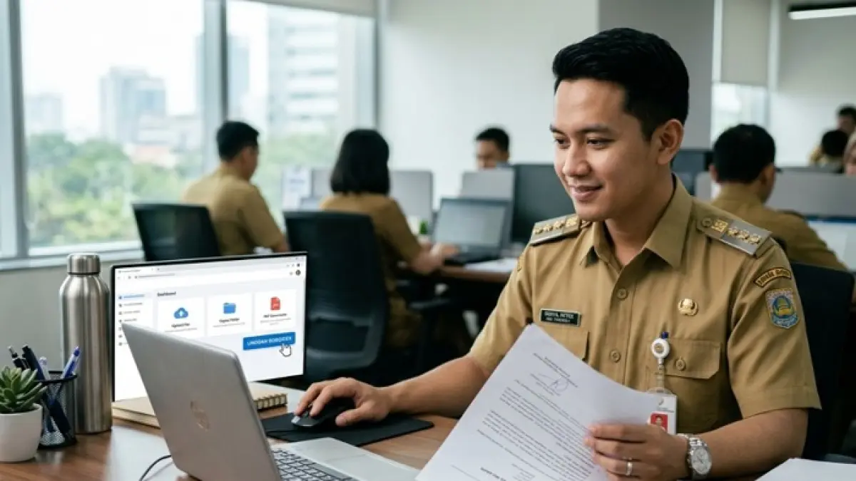 Cara upload SKP dan sertifikat di Simpeg 5 Kemenag lengkap dengan syarat dokumen PDF, input nilai, dan proses verifikasi ASN. (Ilustrasi Gemini AI)