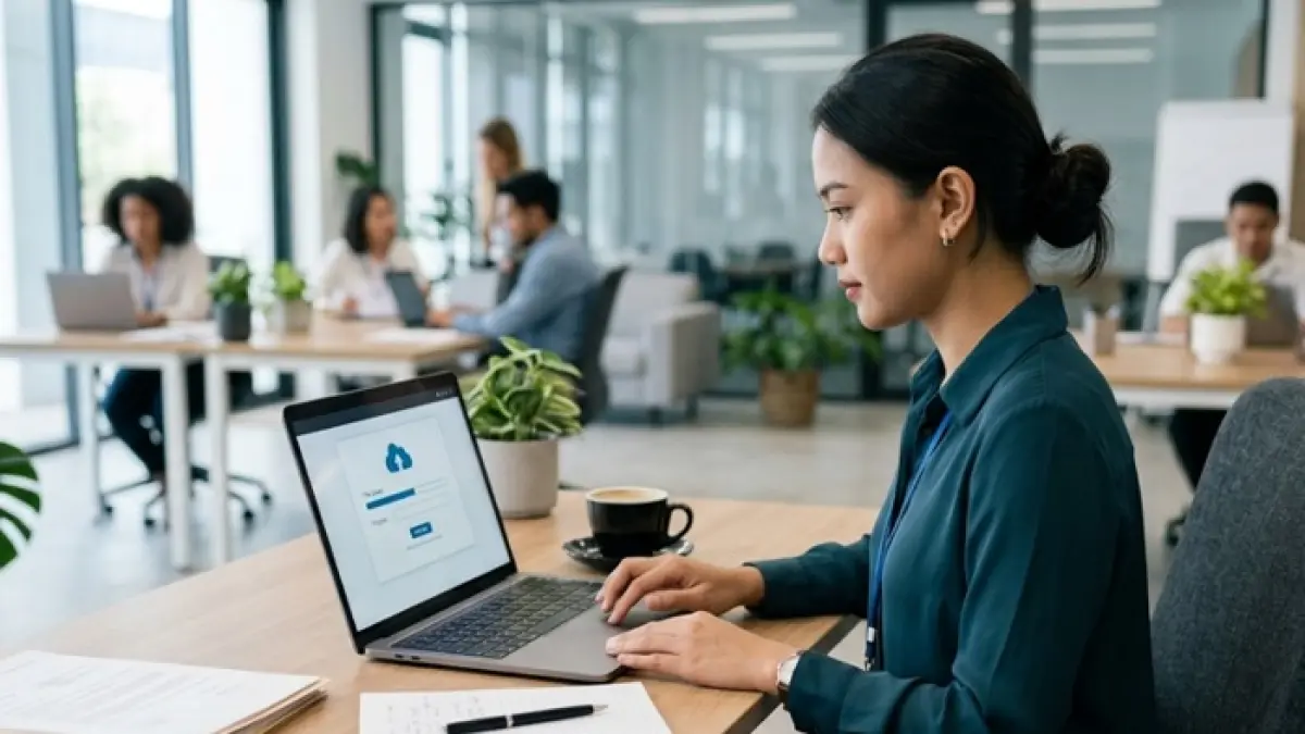 Panduan E-Office lengkap mulai membuat permohonan internal, upload naskah dinas, tanda tangan digital hingga download dokumen resmi. (Ilustrasi Gemini AI)