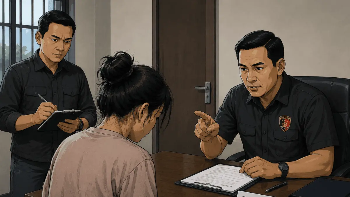 Seorang perempuan menjalani pemeriksaan polisi terkait kasus dugaan pencurian perhiasan emas milik warga Tambakrejo. (ILUSTRASI AI)