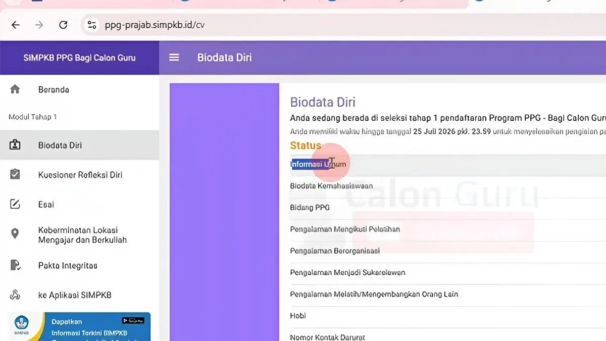 Cara mengisi biodata PPG Calon Guru 2026 di SIM PKB, mulai login, melengkapi informasi umum, hingga menyimpan data sebelum 25 Juli. (Yt Calon Guru (Kanjeng Mariyadi))