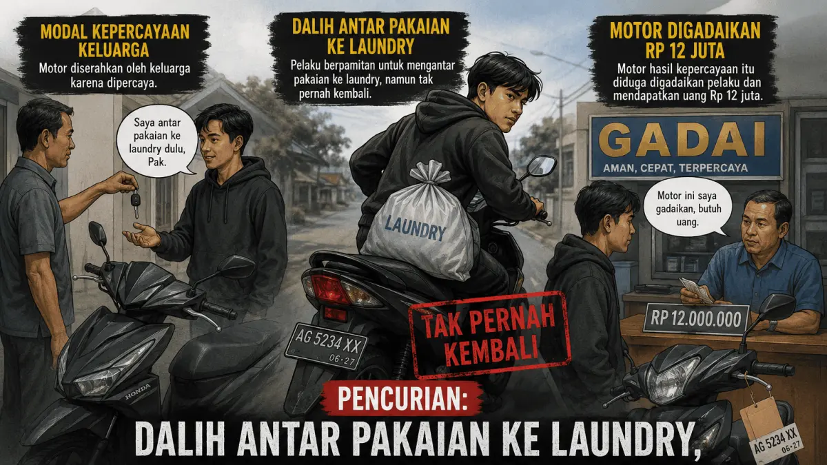 Seorang pemuda di Kalidawir diamankan polisi setelah diduga menggadaikan motor pinjaman senilai Rp12 juta.(Ilustrasi AI)