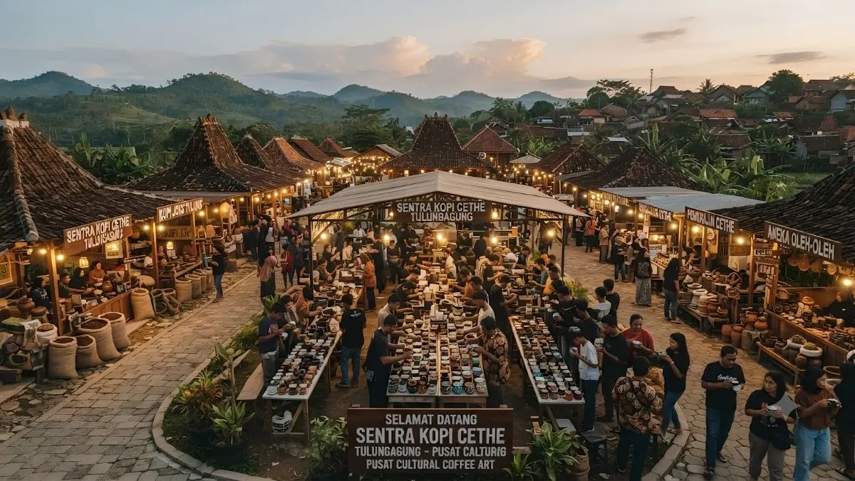 Sentra Kopi Cethe Tulungagung dikenal lewat legenda Kopi Hijau Mak Waris sejak 1978 dengan sangrai tradisional, rasa gurih, dan budaya cethe yang khas. (GEMINI AI)