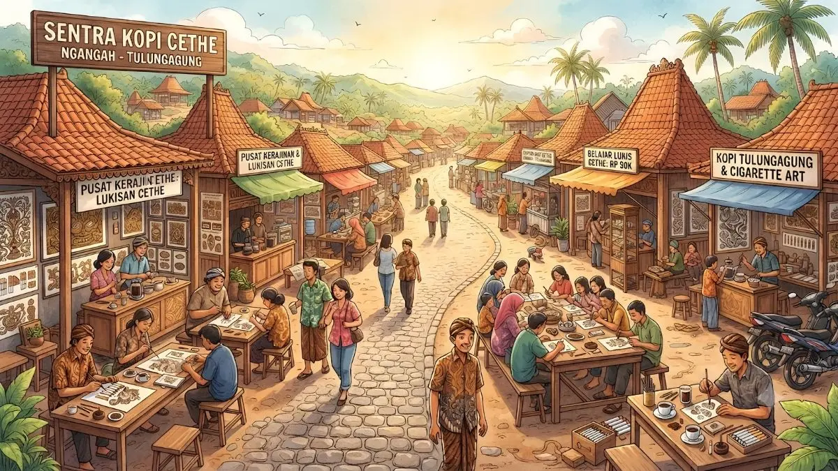 Sentra Kopi Cethe Tulungagung dikenal lewat tradisi nyete, seni melukis batang rokok menggunakan endapan kopi yang pernah memecahkan rekor MURI. (GEMINI AI)