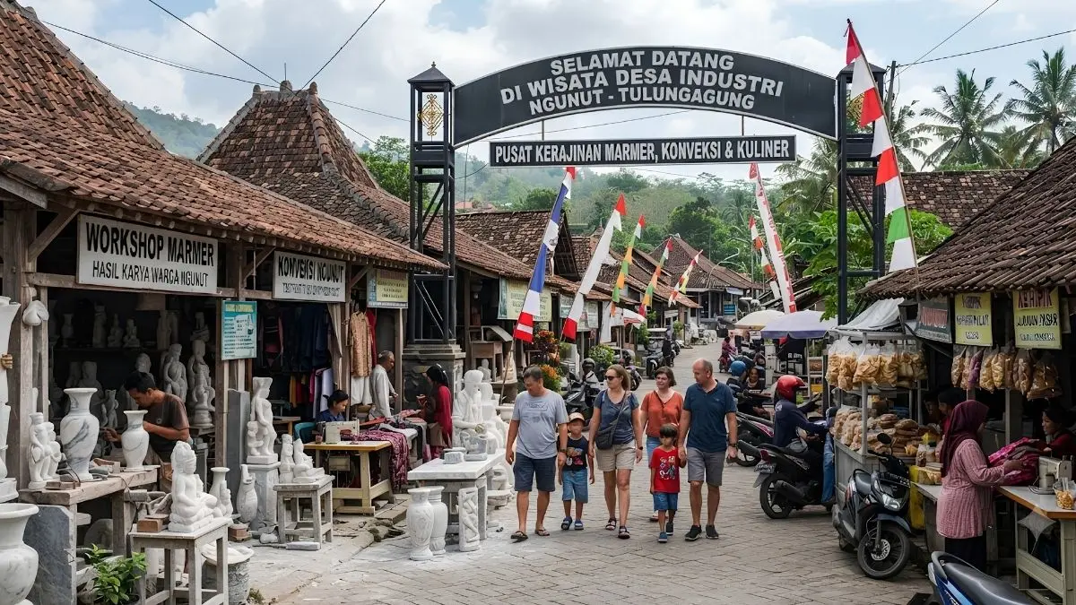 Wisata Desa Industri Ngunut di Tulungagung punya Balong Kawuk, destinasi kuliner sawah, memancing, wahana air, dan nongkrong malam yang dikelola BUMDes. (Gemini AI)