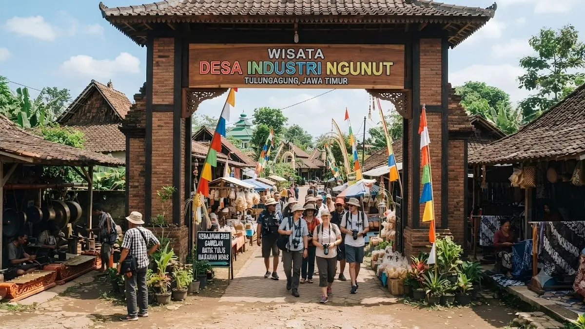 Wisata Desa Industri Ngunut Tulungagung menawarkan sentra industri logam, tenun, kuliner malam Pasar Ngunut, dan pemasaran UMKM digital. (Gemini Ai)
