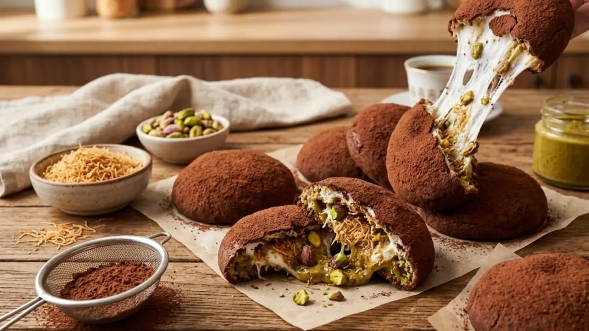 Dubai Chewy Cookie viral ala Korea punya tekstur kenyal dan renyah. Simak resep marshmallow kunafa pistachio yang bisa jadi ide jualan.(ILUSTRASI AI)