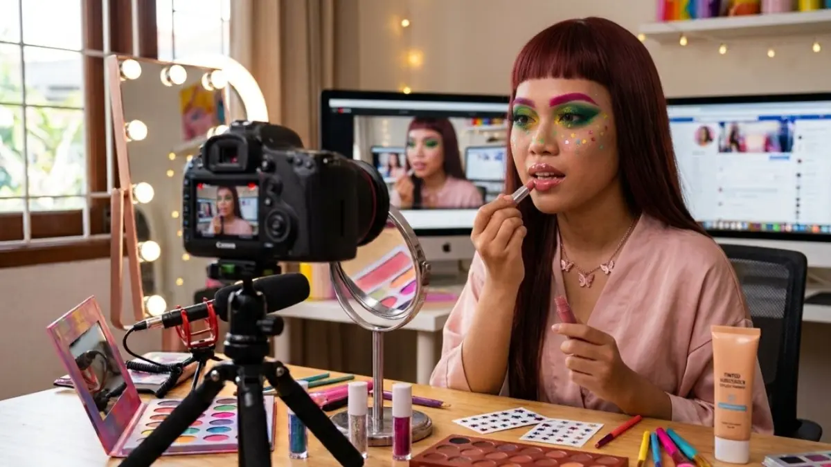 Make up Naykilla viral dengan gaya unik penuh warna, glitter, dan bintang. Simak tren riasan nyentrik yang curi perhatian.(ILUSTRASI AI)
