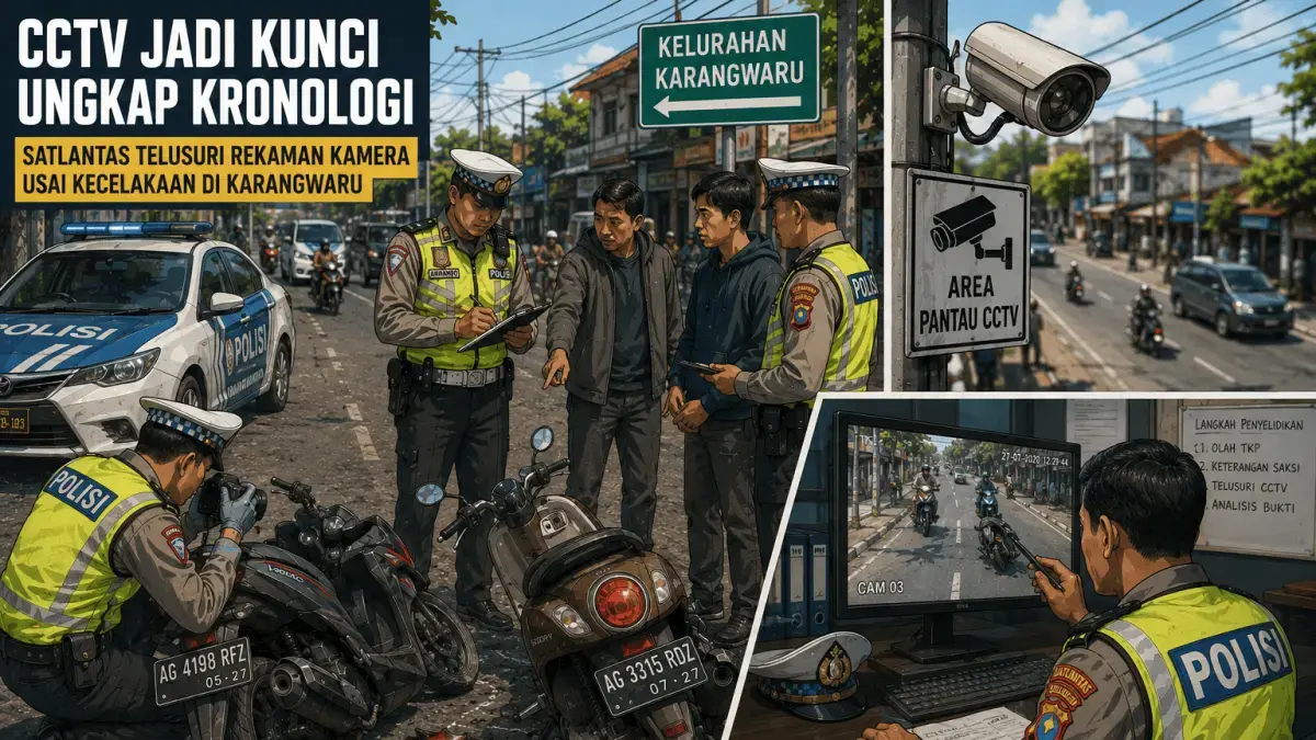 Petugas Satlantas olah TKP, memeriksa barang bukti, dan menganalisis rekaman CCTV sebagai bagian penting untuk mengungkap kronologi kejadian.(Ilustrasi AI)