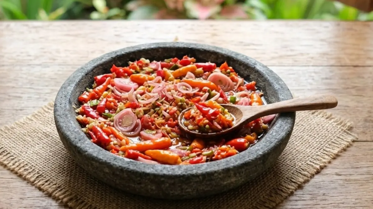Resep sambal kecombrang pedas gurih dengan aroma segar mirip lemon, mudah dibuat dan cocok jadi pelengkap berbagai lauk favorit.(ILUSTRASI AI)