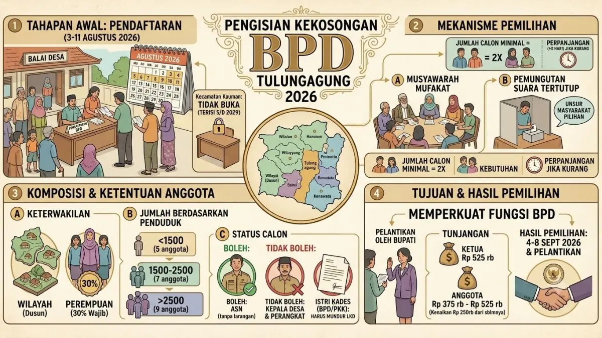 Saat ini, 256 desa di Tulungagung akan membuka pendaftaran calon anggota BPD mulai 3 hingga 11 Agustus 2026.(ILUSTRASI AI)