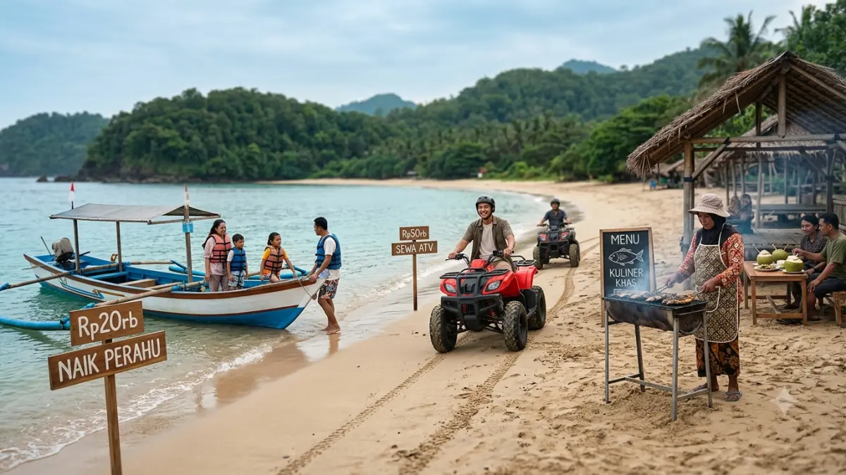 Pantai Gemah Tulungagung menawarkan wisata naik perahu Rp20 ribu, ATV Rp50 ribu, kuliner khas, dan suasana pantai yang nyaman saat weekday.