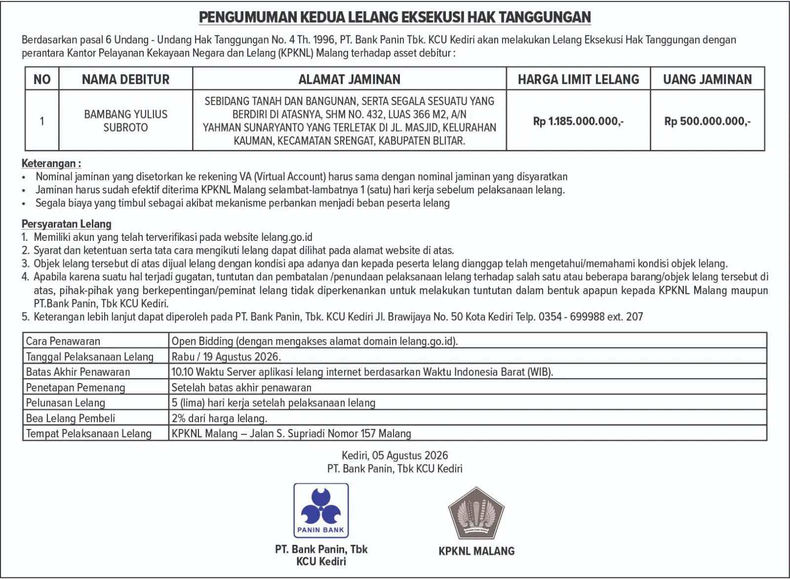 PENGUMUMAN KEDUA LELANG EKSEKUSI HAK TANGGUNGAN PT . BANK PANIN, Tbk KCU KEDIRI