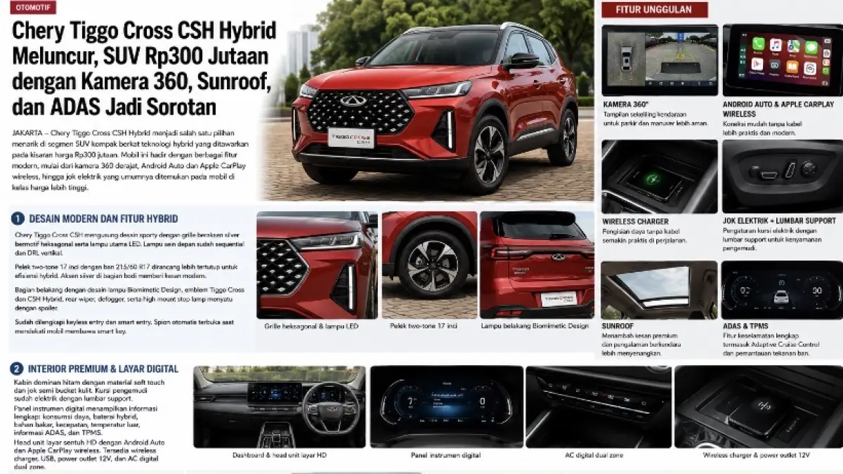 Chery Tiggo Cross CSH Hybrid hadir di harga Rp300 jutaan dengan kamera 360, Android Auto wireless, jok elektrik, dan fitur hybrid modern.