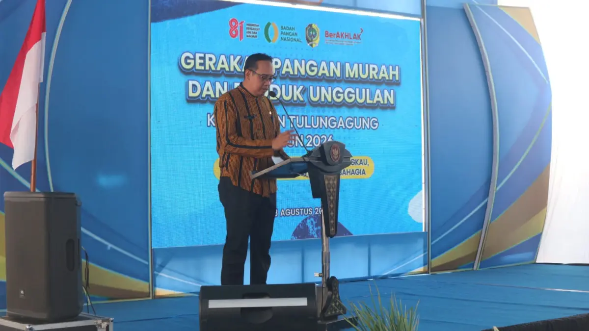 Kepala Dinas Ketahanan Pangan Sony Welli Ahmadi saat sambutan pembukaan Gerakan Pangan Murah 2026.(RINTO WAHYU/RATU)