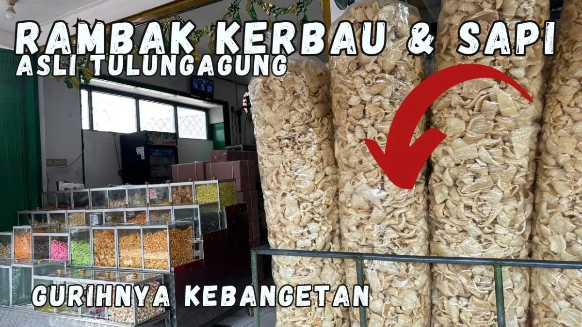 Rambak Tulungagung jadi oleh-oleh favorit wisatawan. Simak pilihan rambak sapi dan kerbau serta deretan toko oleh-oleh di sekitar Stasiun Tulungagung. (Youtube. com)