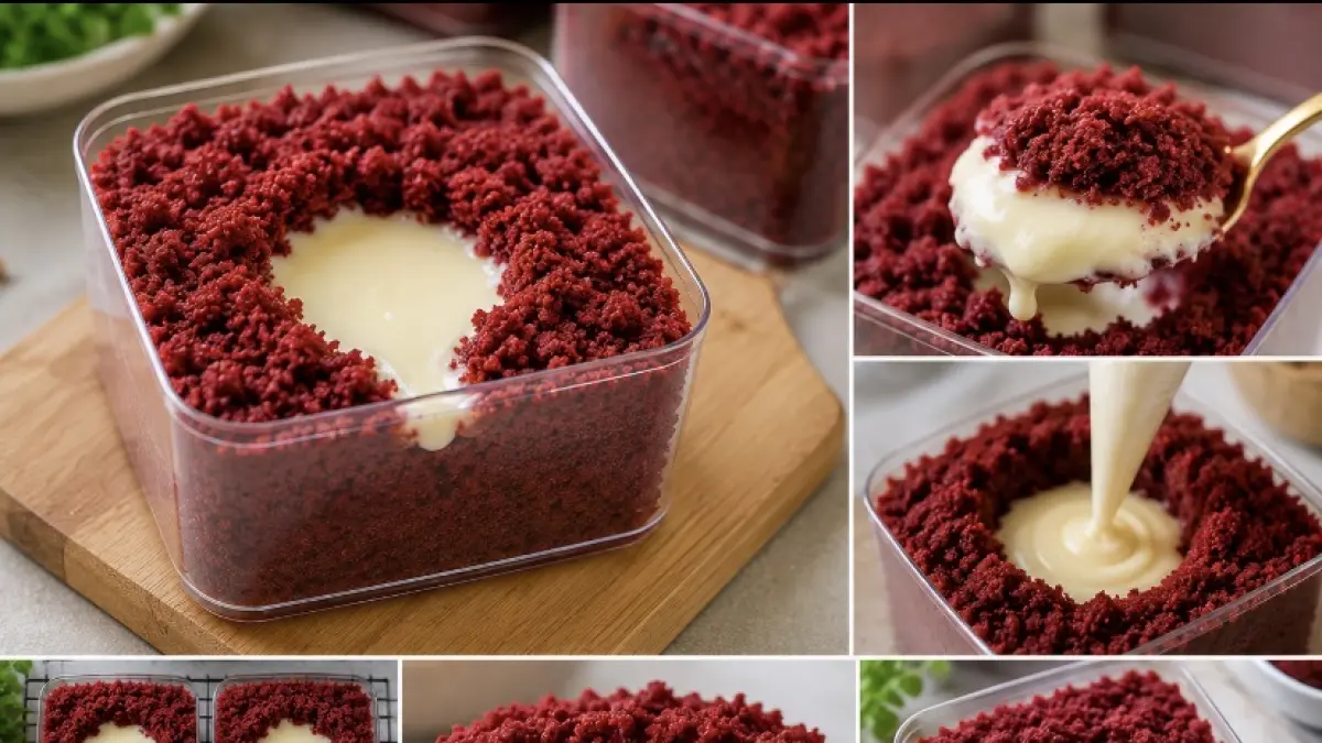 Resep Red Velvet Lava Cheese viral dengan cake kukus super lembut dan saus cream cheese lumer, cocok untuk ide jualan dessert kekinian.