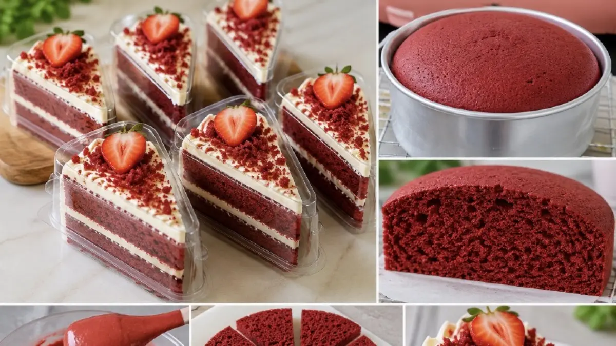 Resep Red Velvet Slice Cake hanya 2 butir telur, super lembut, moist, dan cocok untuk ide jualan dengan modal lebih hemat.