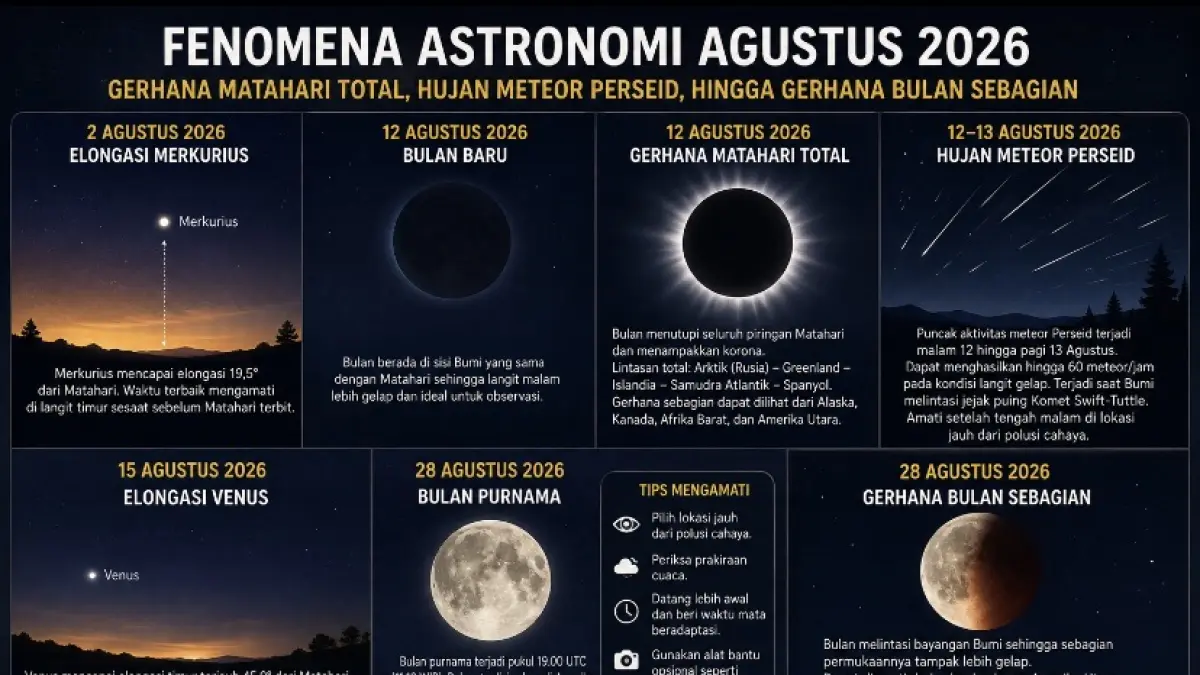 Fenomena astronomi Agustus 2026 menghadirkan gerhana matahari total, hujan meteor Perseid, Venus, bulan purnama, dan gerhana bulan sebagian.