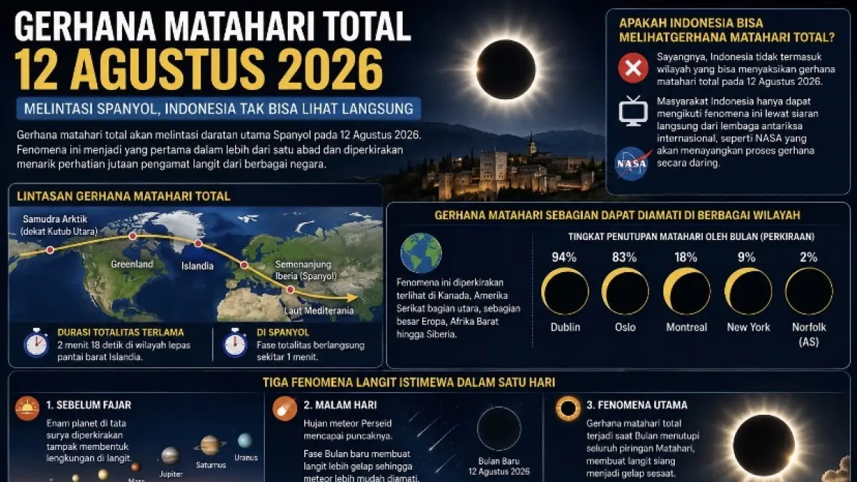 Gerhana matahari total 12 Agustus 2026 melintasi Spanyol hingga Islandia. Indonesia tak bisa melihat langsung, tetapi dapat menyaksikan siaran daring.