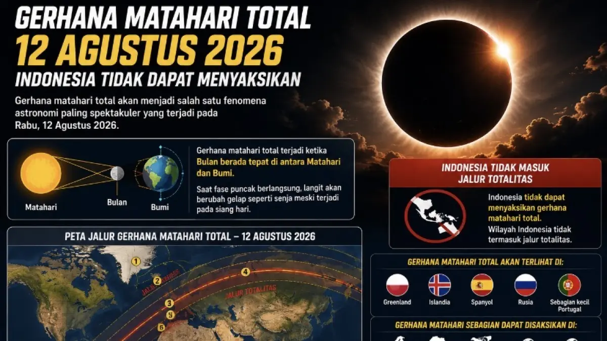 Gerhana matahari total 12 Agustus 2026 tidak dapat disaksikan dari Indonesia. Simak wilayah yang masuk jalur totalitas dan gerhana sebagian