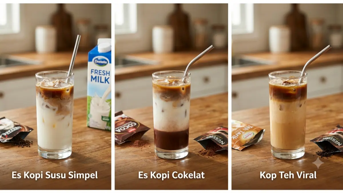 Resep es kopi modal di bawah Rp 10.000 ini mudah dibuat di rumah. Simak cara membuat es kopi susu, cokelat, dan kopteh viral.(ILUSTRASI AI)