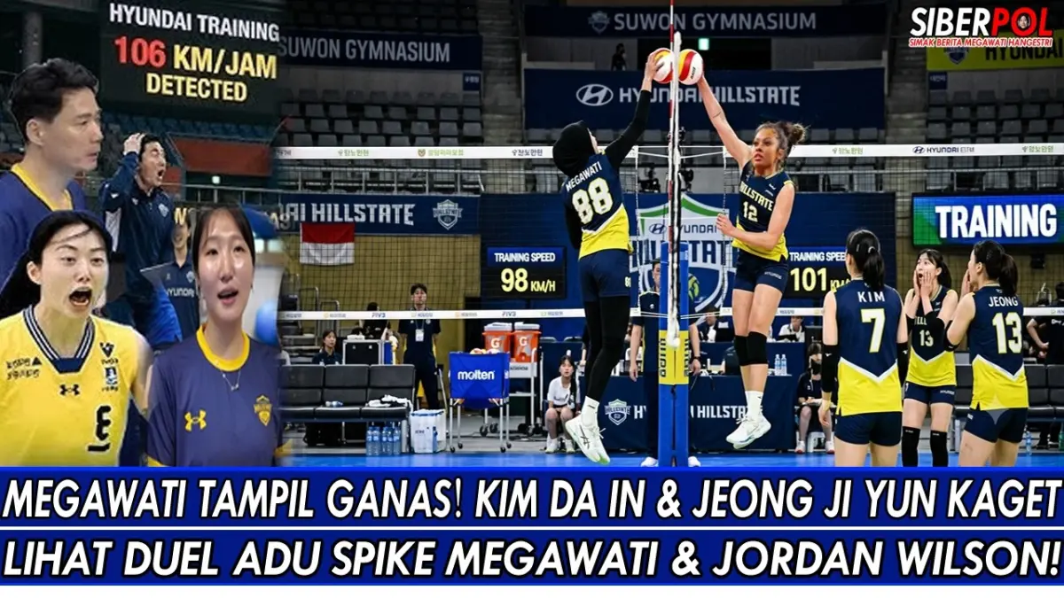Megawati Hangestri tampil ganas saat adu spike dengan Jordan Wilson. Aksinya membuat Kim Dain dan Jeng Jiun terpukau dalam sesi latihan Hyundai Hill State. (Youtube. com)